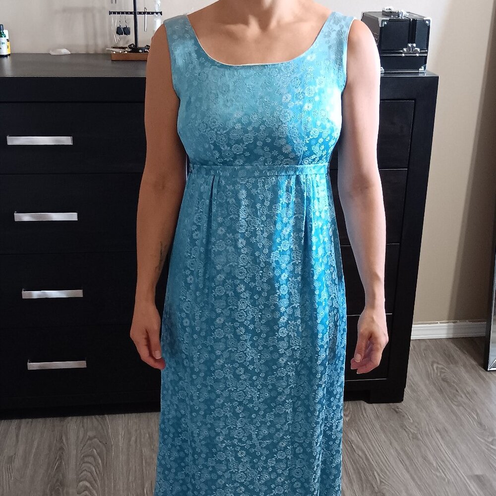 Vintage Blue Silver Formal Floral Sleeveless Dress 1960s 60s